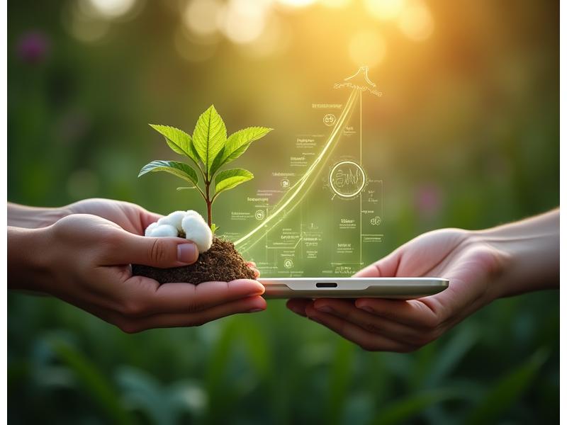 Deux mains, une tenue en coton organique et l'autre une pousse verte, se rejoignant symboliquement au-dessus d'une tablette affichant une infographie de route, représentant la vision future et le développement durable de Veridian Bloom.