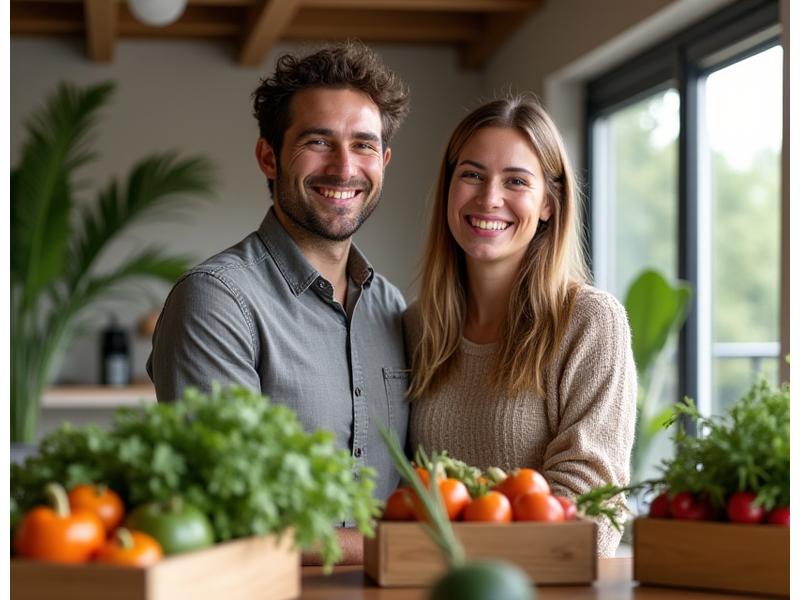 Photo de profil de Chloé et Antoine, les fondateurs de Veridian Bloom, souriants au milieu de leur atelier lumineux, entourés de tissus naturels et de paniers de produits frais.