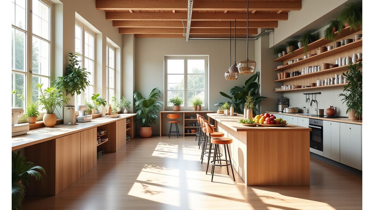 Vue panoramique de l'intérieur lumineux de l'atelier de Veridian Bloom, montrant des machines à coudre, des tables de travail avec des tissus colorés et une cuisine ouverte moderne, le tout dans une ambiance naturelle et cosy.