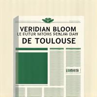 Illustration d'un article de presse stylisé avec le titre 'Veridian Bloom, le futur durable de Toulouse'.
