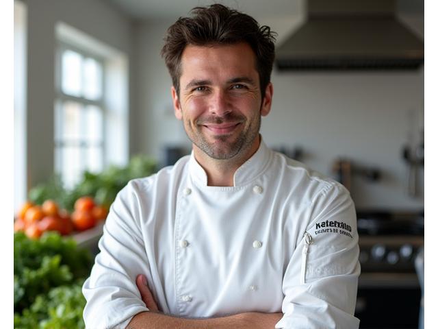 Portrait d'Antoine, co-fondateur et chef exécutif de Veridian Bloom, dans une cuisine lumineuse.