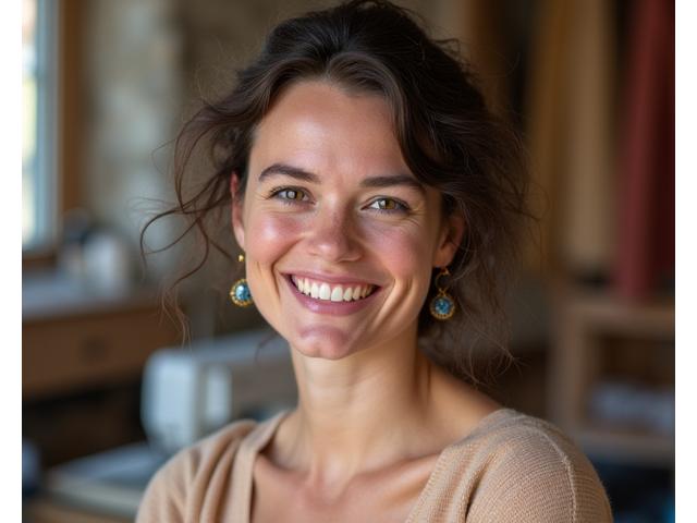 Portrait de Chloé, co-fondatrice et directrice artistique de Veridian Bloom, souriante et créative.