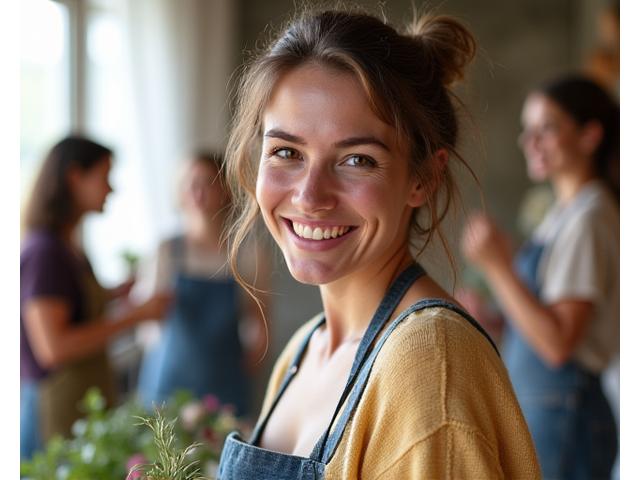 Portrait d'Élodie, responsable des ateliers et de l'expérience client de Veridian Bloom, souriante.