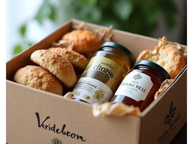 Vue rapprochée d'une box Veridian Bloom ouverte, révélant des produits gastronomiques bio joliment emballés.
