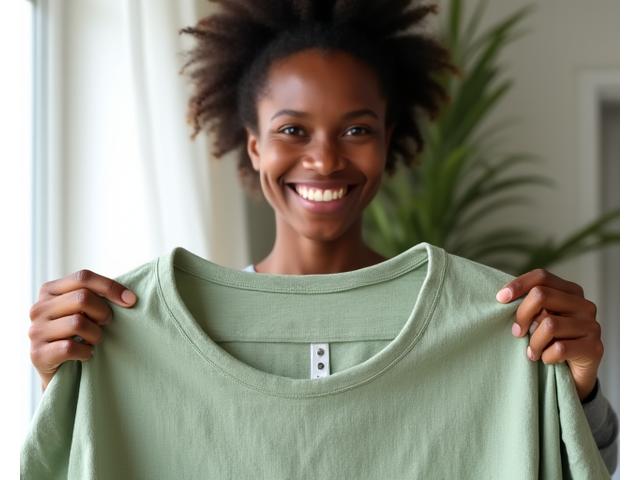 Une personne souriante tenant un vêtement de créateur éthique, récemment déballé d'une box Veridian Bloom.