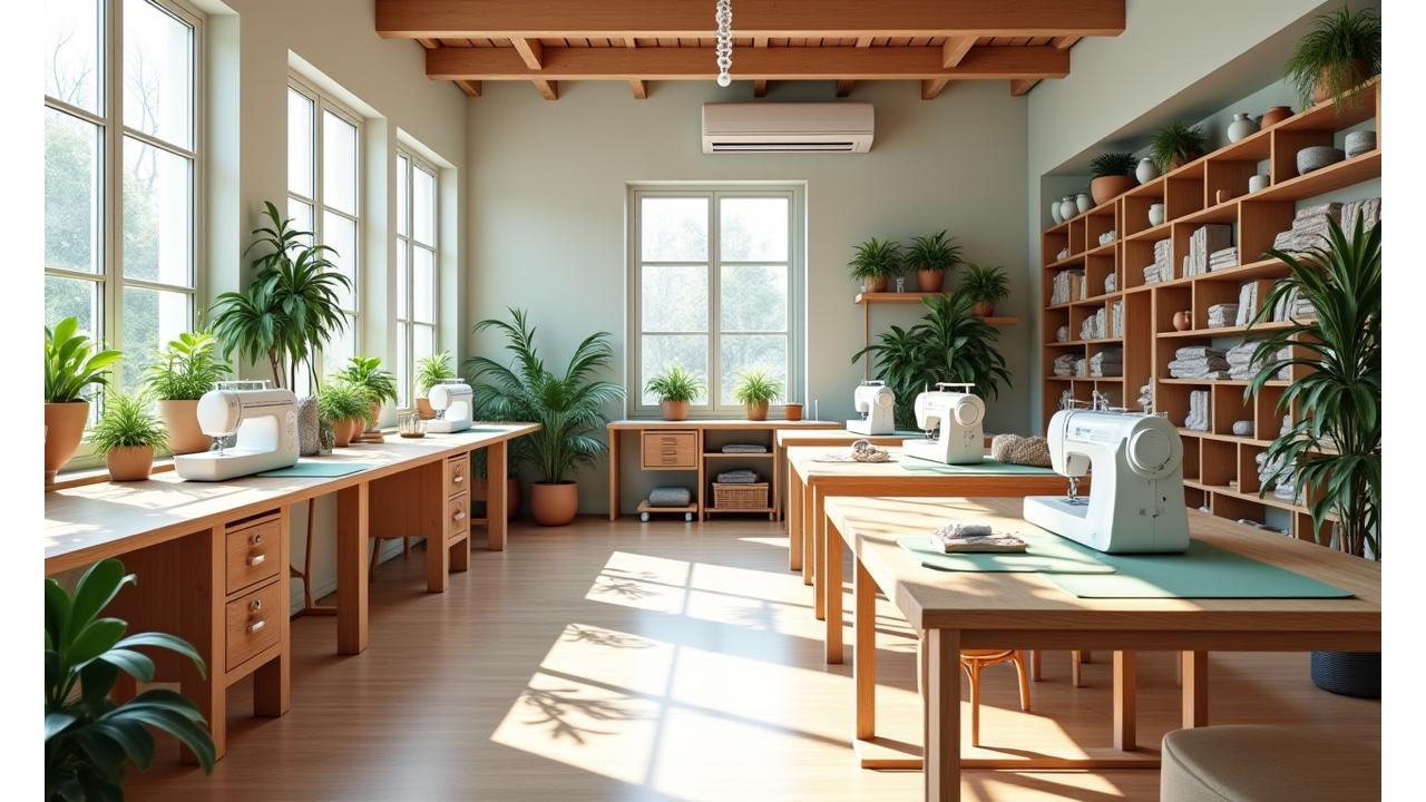 Vue panoramique d'un atelier de couture spacieux et lumineux, avec machines à coudre et tables de travail en bois clair