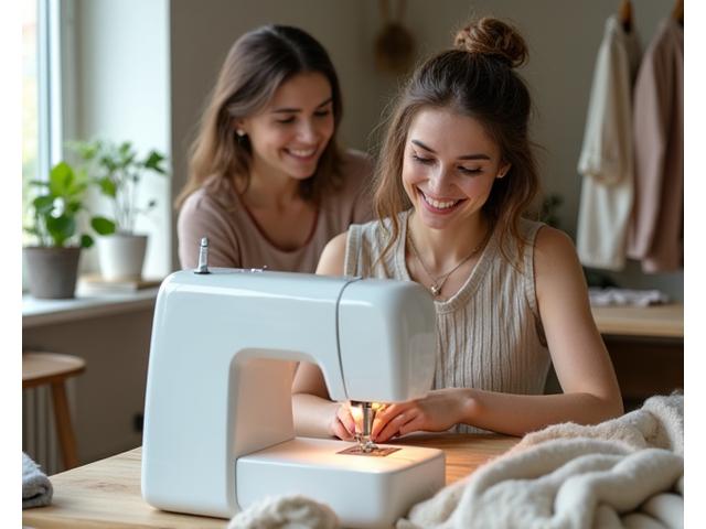 Jeune femme souriante apprenant la couture à la machine dans un atelier lumineux