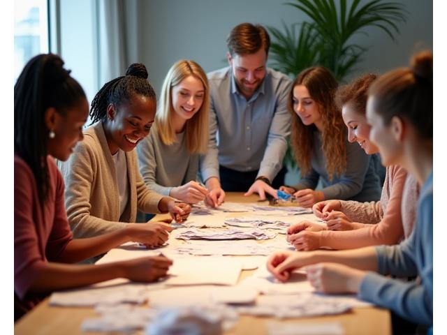 Groupe de collègues souriants réalisant un projet textile collaboratif autour d'une grande table, ambiance créative et décontractée