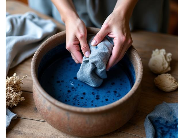 Mains plongeant dans une cuve de teinture naturelle indigo, avec des tissus en lin.