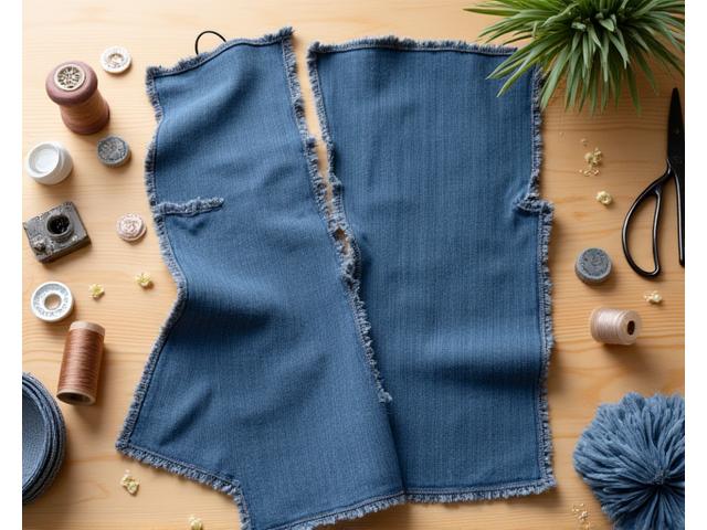Des pièces de jean recyclées transformées en un vêtement artisanal unique, sur un établi.