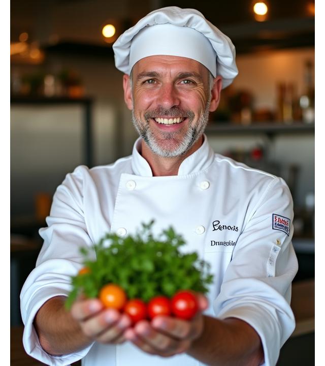 Portrait chaleureux du Chef Benoît Dubois, vêtu de sa veste de cuisine, tenant des herbes fraîches, avec ses mains expertes en avant-plan illustrant sa connexion avec les produits.