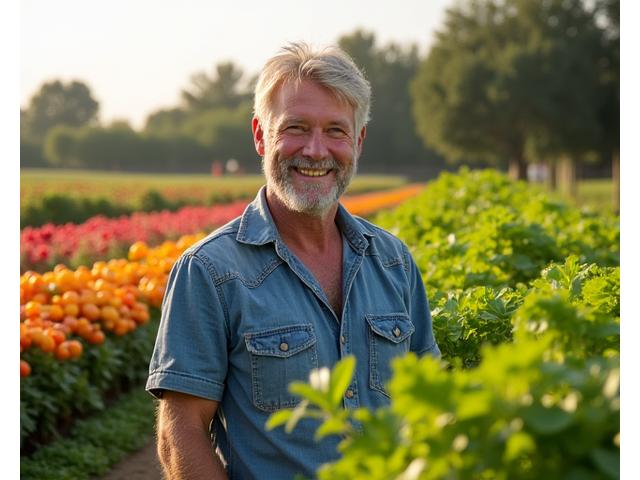 Portrait de Marc, producteur bio des Collines, souriant au milieu de ses champs de légumes variés et colorés.