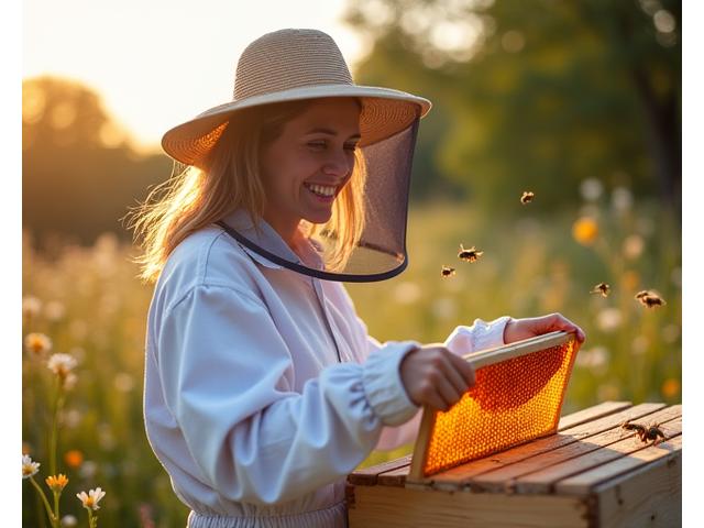 Portrait d'Élise, apicultrice de la Ruche d'Or, devant ses ruches en bois, avec des abeilles volant autour et un rayon de miel visible.