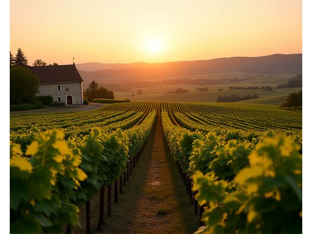 Photo de vignes luxuriantes au coucher du soleil au Vignoble de la Belle Vue, reflétant une lumière dorée et une atmosphère paisible.
