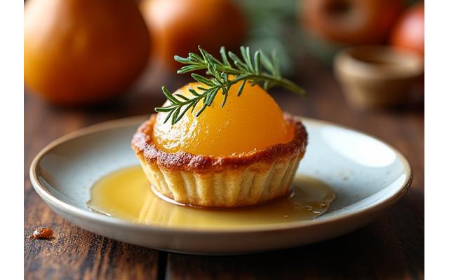 Dessert de saison élégamment dressé avec des fruits d'automne frais et des herbes aromatiques sur une assiette en céramique.