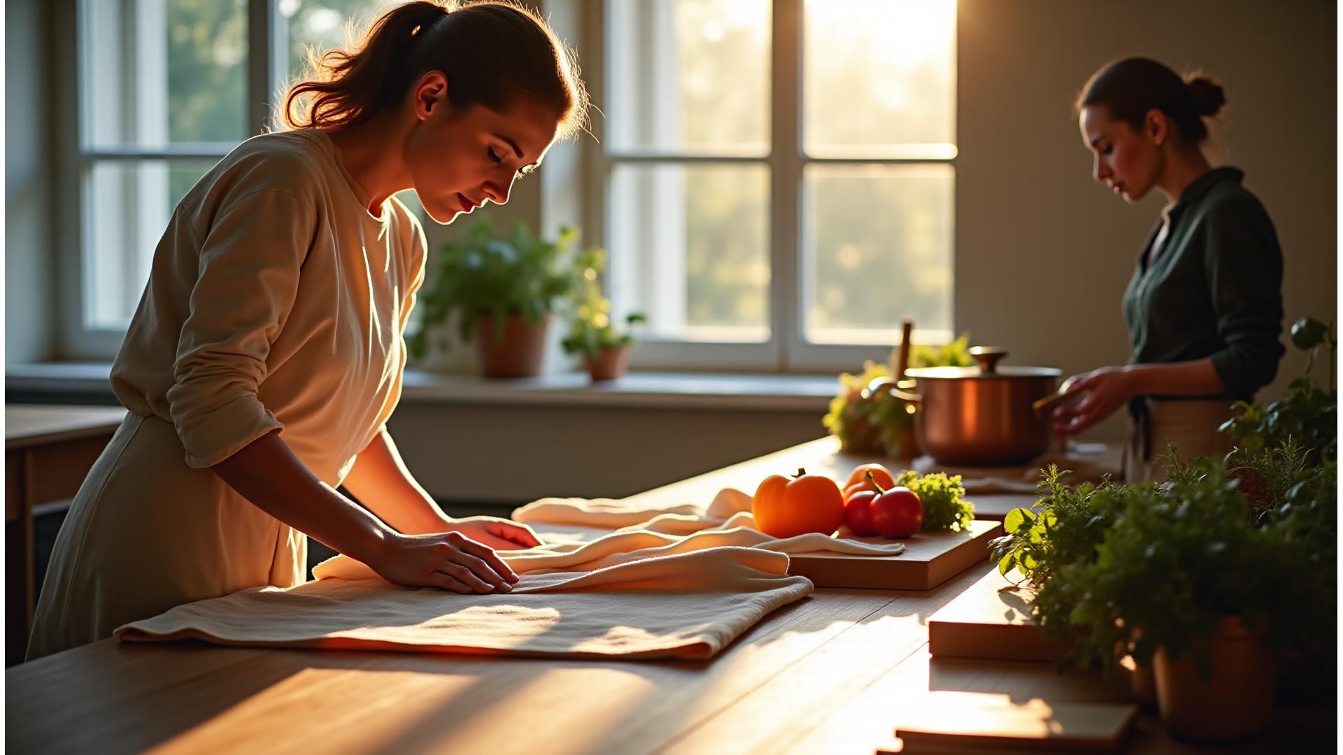 Vue lumineuse d'un atelier de couture artisanal avec des tissus naturels et d'une cuisine moderne avec des produits frais, fusionnant harmonieusement.