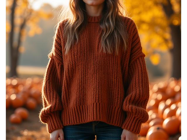 Mannequin portant un pull en maille chunky de couleur rouille sur un fond automnal de feuilles et de citrouilles.