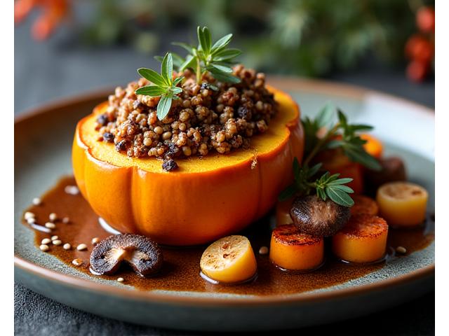 Plat gastronomique d'automne avec une courge rôtie, des champignons variés et une réduction de vin rouge, agrémenté de graines de grenade.