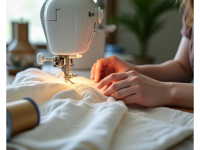 Mains d'une modéliste travaillant sur un tissu doux dans un atelier de couture chaleureux.