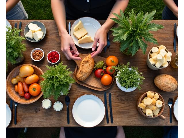 Table de ferme rustique dressée en plein air, avec des légumes frais, des herbes aromatiques et des plats gourmands préparés avec des produits locaux.