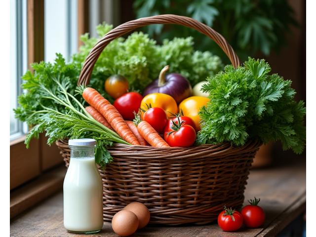 Panier en osier rempli de légumes du marché frais et colorés, avec une bouteille de lait et des œufs bio à côté.
