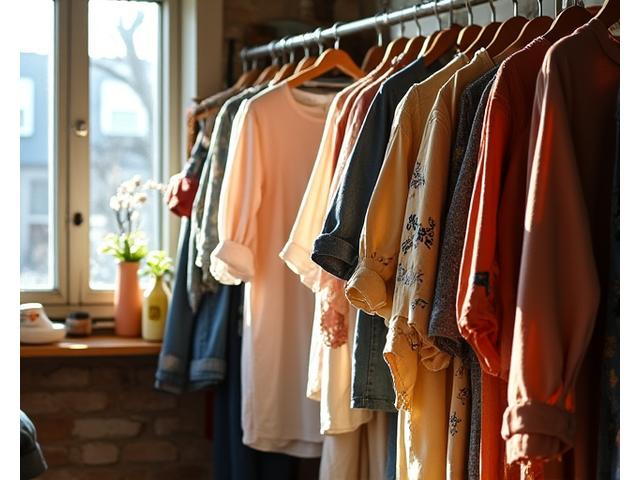 Vêtements vintage et articles upcyclés accrochés sur un portant dans une boutique lumineuse et bien agencée.