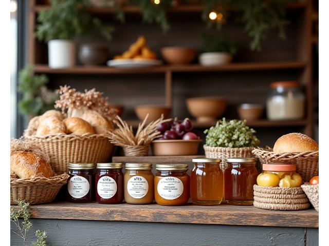 Assortiment de confitures artisanales, miels et pains spéciaux faits maison sur une étagère en bois rustique.