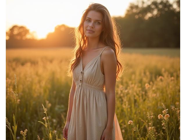 Jeune femme stylée portant une robe fluide en coton biologique dans un champ de fleurs.