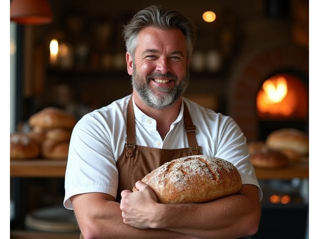 Portrait d'Antoine, boulanger artisanal avec son pain dans les bras au fournil