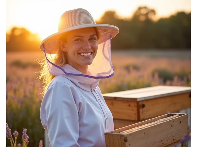 Portrait d'Élodie, apicultrice souriante au milieu de ses ruches