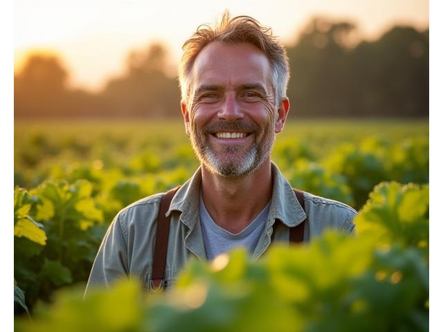 Portrait de Marc, agriculteur bio souriant dans son champ de légumes