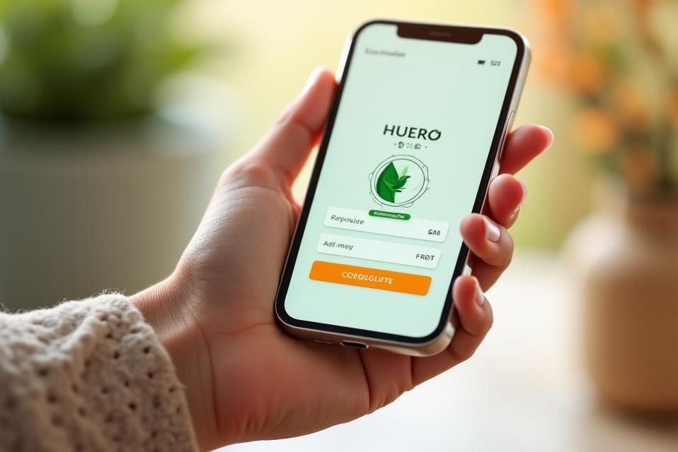 Photo macro d'une main tenant un smartphone affichant une application d'achat avec une icône de feuille, symbolisant un achat éthique et transparent.