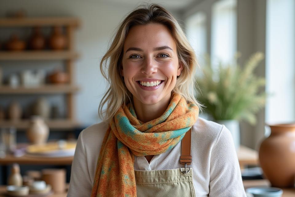 Artisan souriant présentant une de ses créations faites à la main (ex: un vêtement en tissu naturel), dans un atelier lumineux.