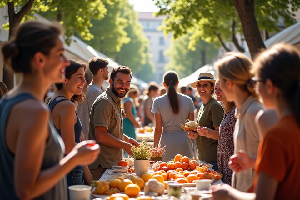 Groupe de personnes souriantes lors d'un marché de créateurs en plein air, discutant et admirant des produits artisanaux.