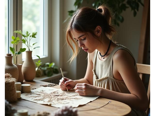 Julie brodant un motif floral sur un tissu de chanvre dans son petit atelier baigné de lumière naturelle