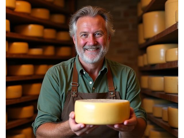 Paul, un fromager artisanal, devant ses fromages affinés dans une cave en briques