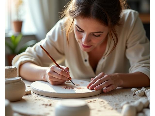 Sophie peignant à la main de la vaisselle en céramique aux motifs inspirés de la nature