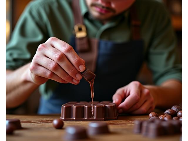 Thomas, artisan chocolatier, versant du chocolat fondu dans des moules élégants