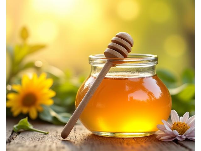 Bocal de miel de printemps doré avec un bâtonnet à miel et des fleurs sauvages en arrière-plan
