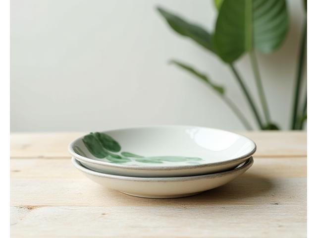 Lot de deux assiettes en céramique faites à la main, avec des motifs de feuilles subtils, sur une table en bois