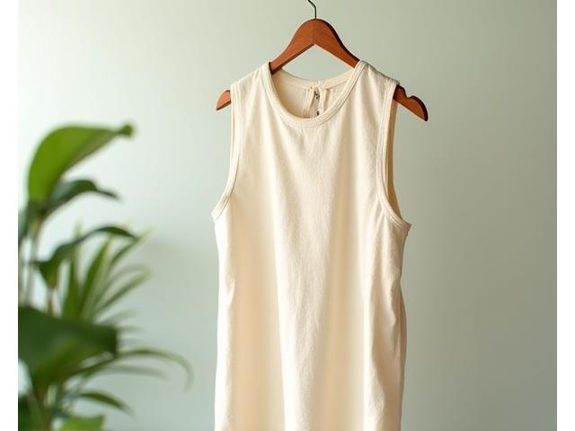 Jolie robe en lin naturel beige, posée sur un cintre en bois, avec un fond végétal flou