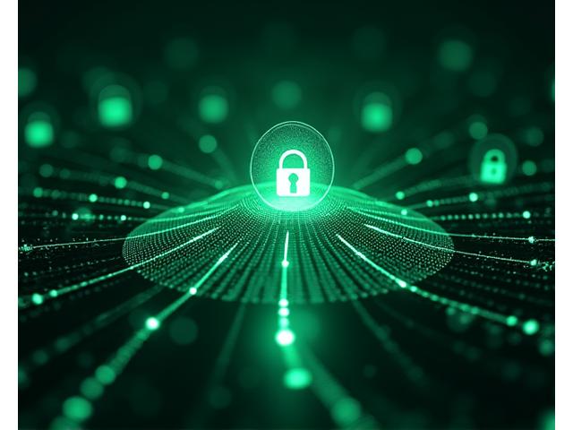 Illustration abstraite de la cybersécurité avec des lignes de code et des verrous numériques, dans des tons verts et sombres