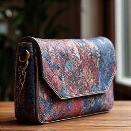 Photo d'un sac à main upcyclé à partir de cravates en soie par un membre de la communauté
