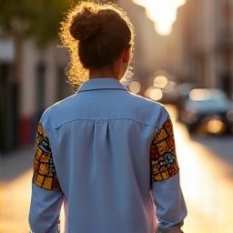 Photo d'une chemise pour homme transformée avec des patchs de tissus africains par un membre de la communauté