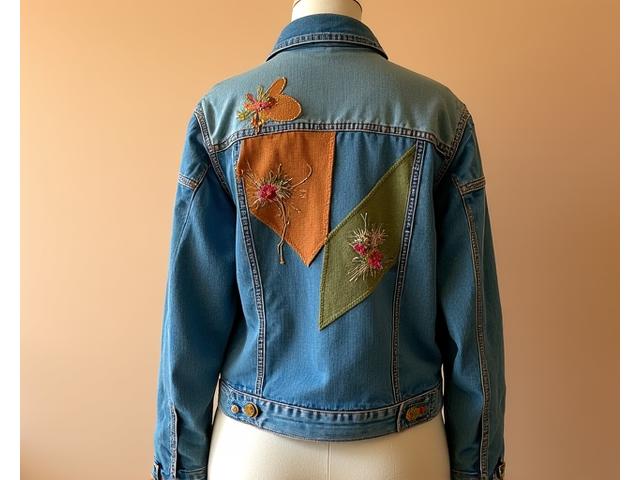 Veste en jean transformée avec broderies et patchwork, un design unique Veridian Bloom