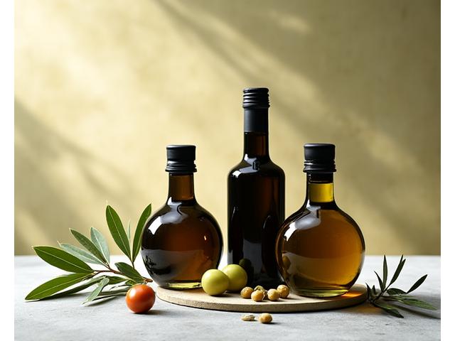Bouteilles d'huiles d'olive fruitées et vinaigres balsamiques