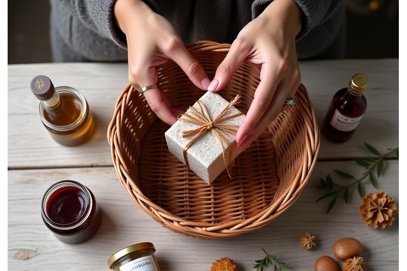 Interface de création de panier cadeau avec des produits artisanaux et une boîte en osier