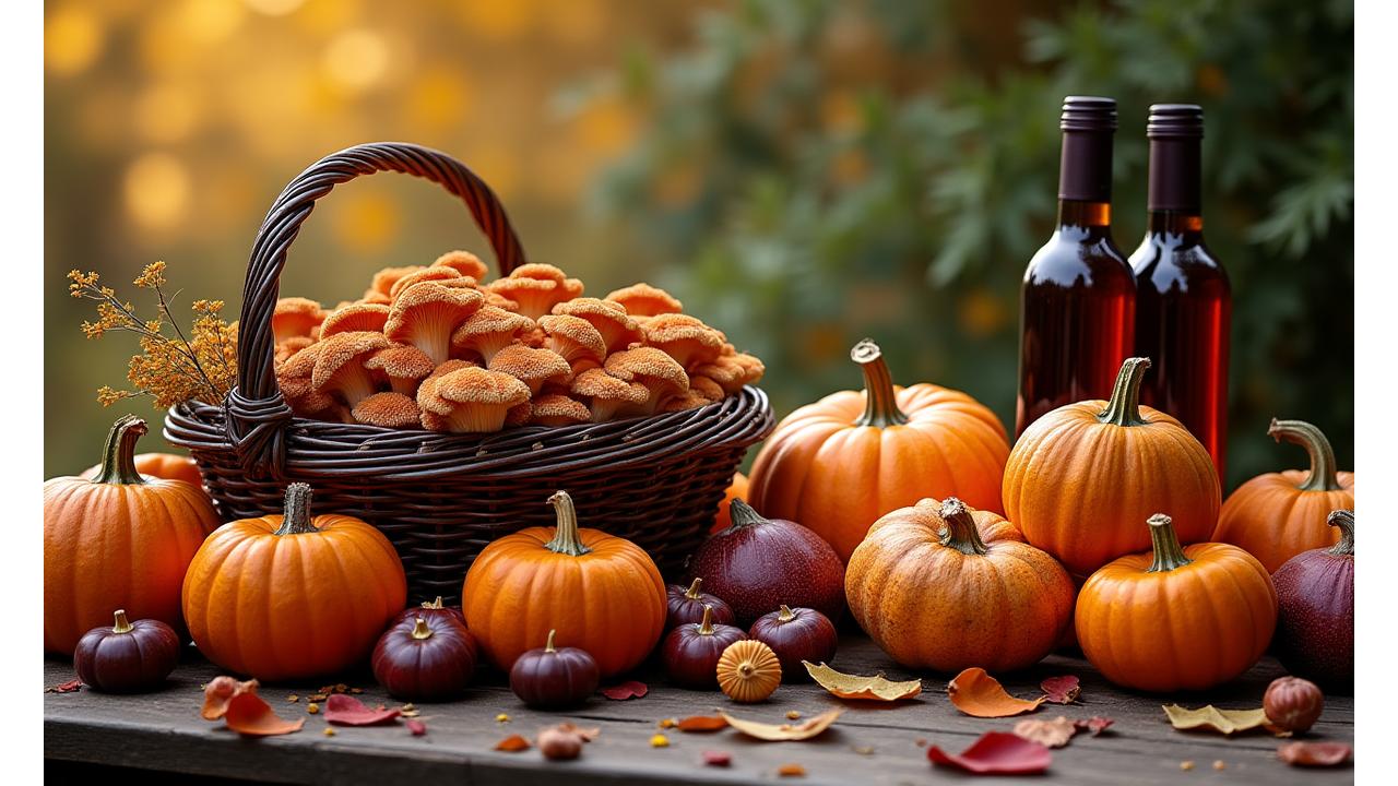 Sélection de produits d'automne: champignons, courges et châtaignes