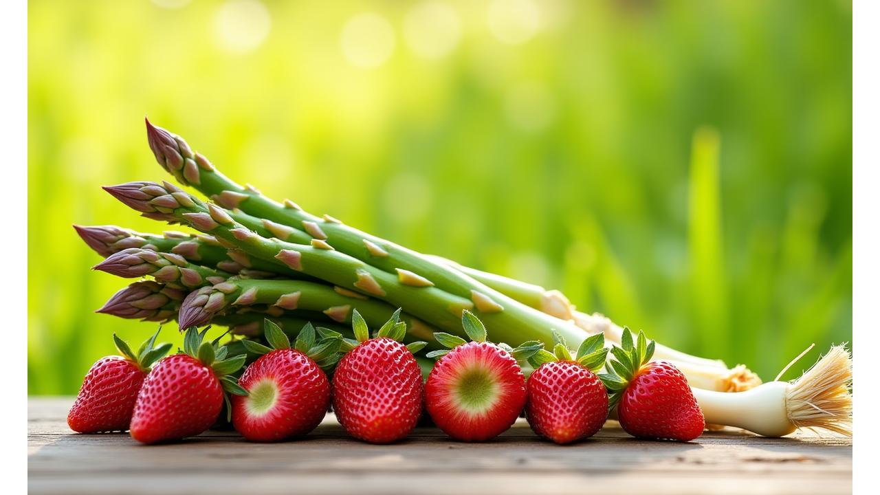 Sélection de produits de printemps: asperges, fraises et agneau