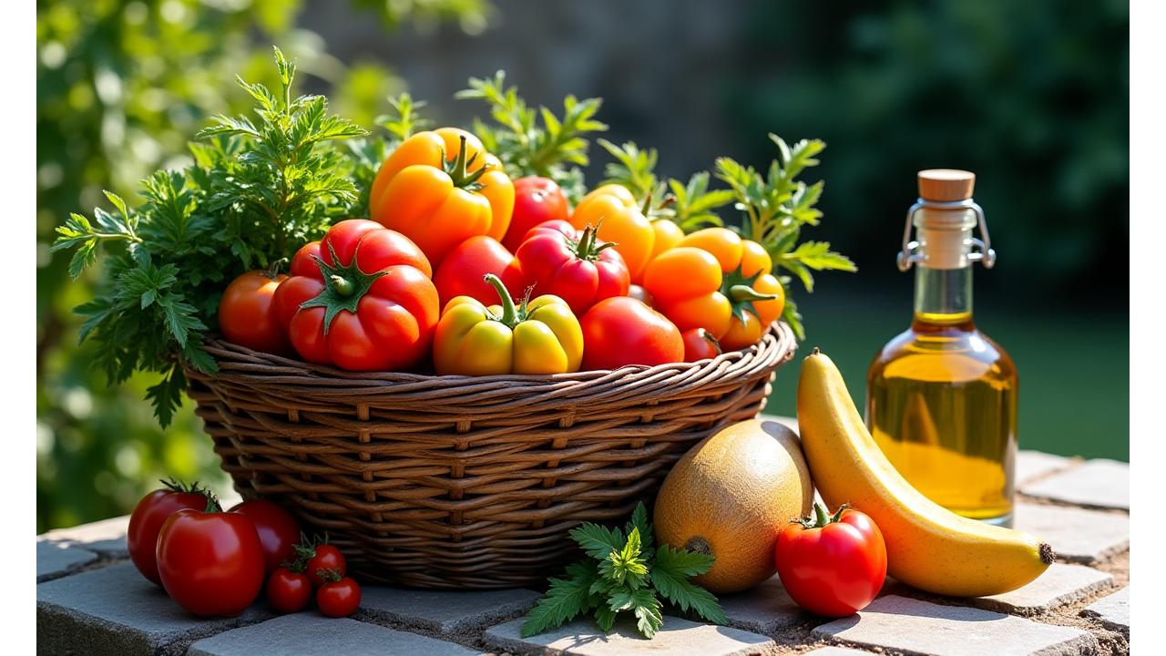 Sélection de produits d'été: tomates, poivrons et melons